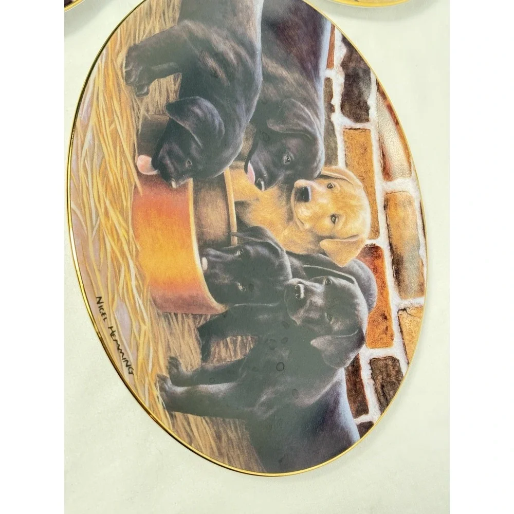 Franklin Mint Dog Plate Set of 3 Three's A Crowd, Take Me Home, Five And‎ Dine